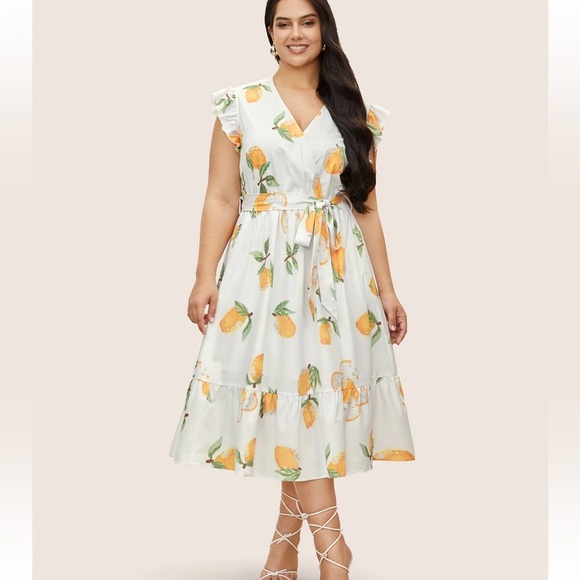 BloomChic Plus Size 2XL Citrus Lemon Print Ruffles Patchwork Belted Dress - Picture 1 of 8